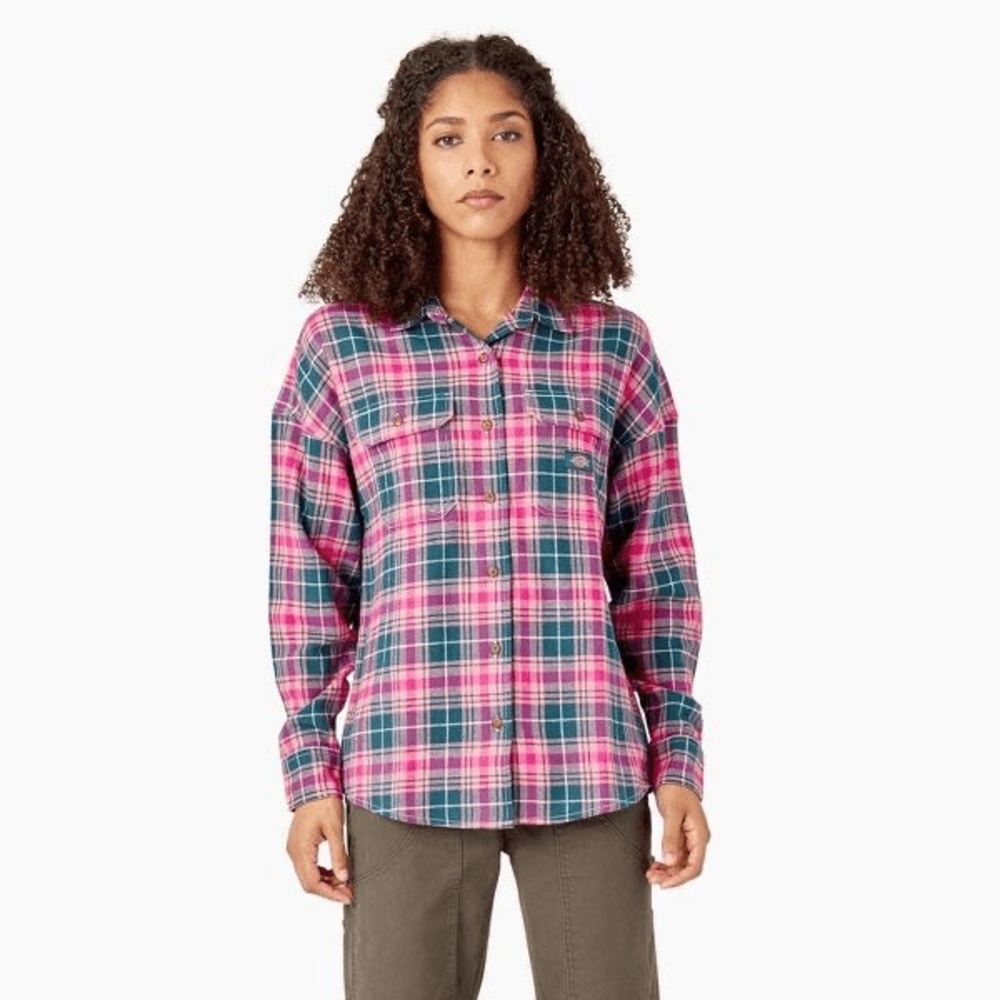 Dickies Juniors Womens Long Sleeve Loose Fit Button-Down Shirt Pink Plaid XS